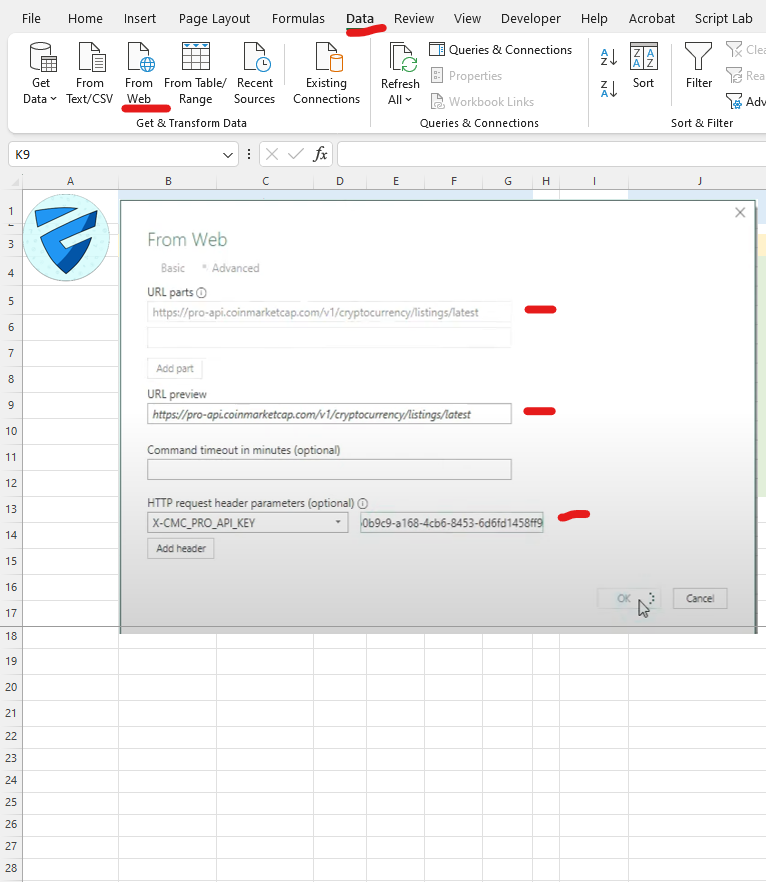 crypto prices into excel web query