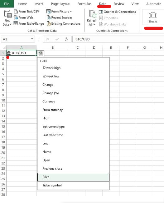 crypto prices into excel native function